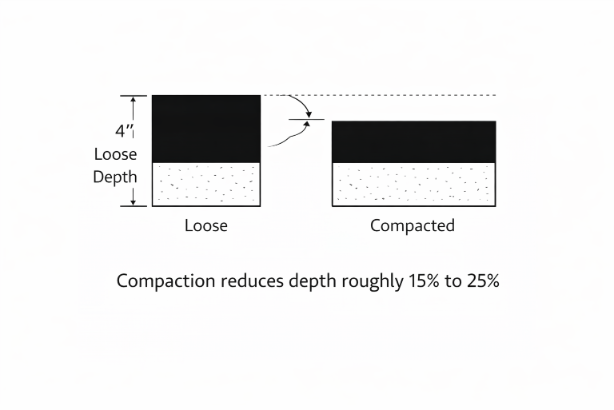 Asphalt compaction diagram comparing loose depth to compacted depth, showing example reduction from 4 inches loose asphalt to about 3.25 inches compacted with note that compaction reduces depth roughly 15 to 25 percent.