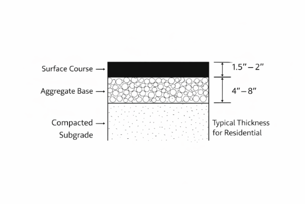 Asphalt layer structure cross section showing a surface course over aggregate base and compacted subgrade with labeled typical thickness ranges for residential paving.