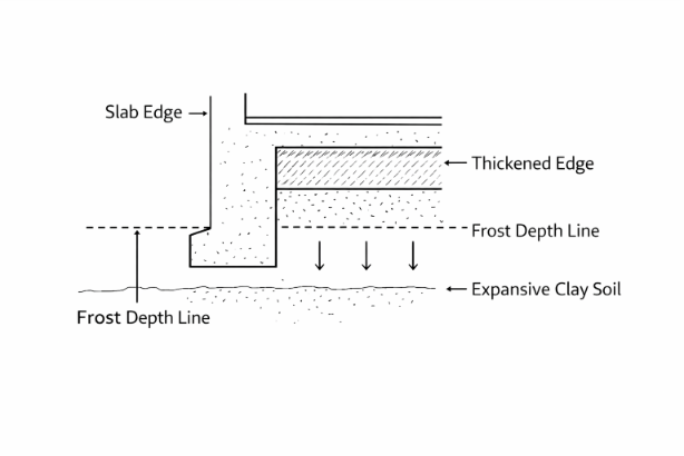 Frost line and soil factors diagram showing a slab edge detail with a frost depth line, thickened edge, sub-base, and arrows indicating expansive clay soil movement.