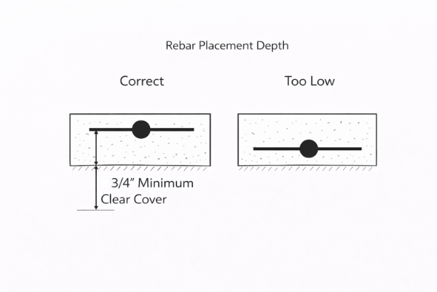 Rebar placement depth diagram showing a slab cross section with correct bar elevation within the slab and an incorrect 'too low' example, including minimum clear cover note.