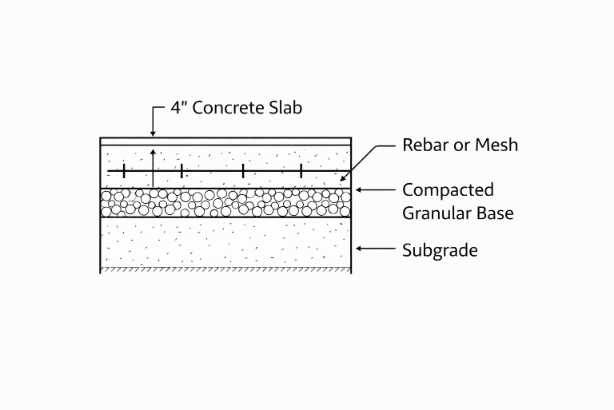 Typical concrete slab cross section diagram showing a 4 inch slab over compacted granular base and subgrade, with rebar or mesh placement and callouts.